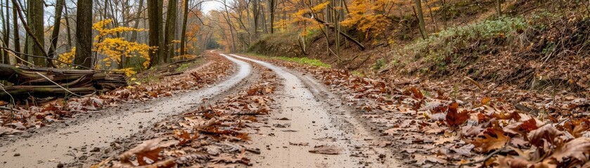 Fototapeta premium Scenic autumn pathway adventure forest trail nature photography peaceful environment ground-level view seasonal change