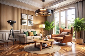 Fototapeta premium Modern Beige Living Room Drone Photography: Armchair, Coffee Table, Parquet Floor