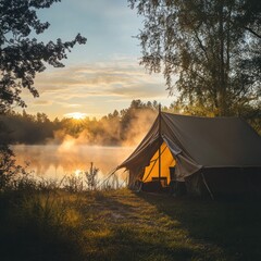 A canvas tent bathed in the warm glow of sunrise, with mist rising from a nearby lake.--ar 16:9 --v 6.1 Job ID: 8b83c978-b652-4957-ab1d-c9e5fc213054