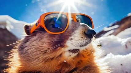 A cute, fluffy marmot crawled out of his hole wearing sunglasses among the white snow on a sunny day. zoom in, zoom out, pan or make 360 photo, animate, pan right