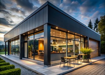 Obraz premium Modern Coffee Shop Exterior Design, Black Grey Architecture, Large Windows, Patio, Coffee House Building Facade