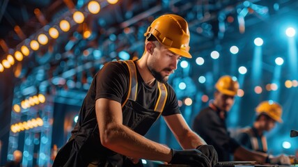 A focused worker in a hard hat collaborates with others under bright stage lights, showcasing teamwork in a construction or event setup environment.