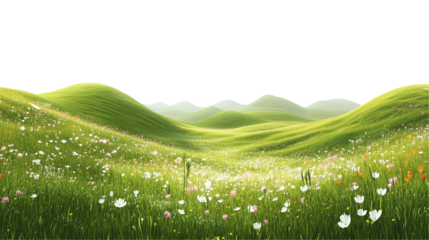 Green Hills with Wildflowers Isolated on White and Transparent Background