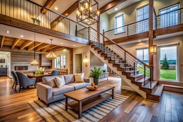Fototapeta premium Modern Farmhouse Living Room with Wooden Staircase - Long Exposure Interior Design Photography