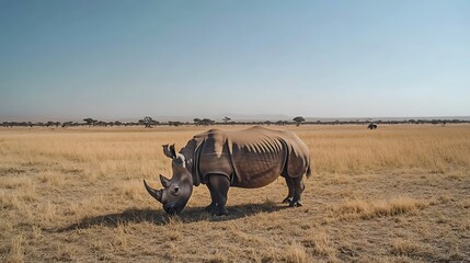 Fototapeta premium Rhino grazing savanna.