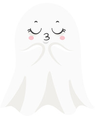 Adorable cartoon ghost with closed eyes, rosy cheeks, and puckered lips blowing a kiss, perfect for Halloween greeting cards, invitations, or children s designs