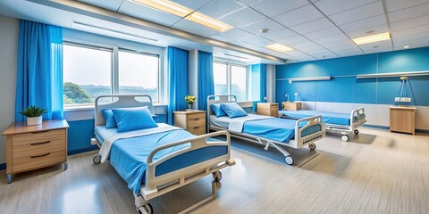 Modern Hospital Room: Empty Blue-Linen Beds - Patient Comfort & Medical Care