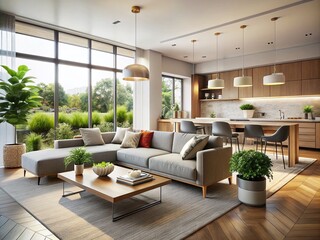 Fototapeta premium Modern Kitchen Living Room Design: Open Plan Contemporary Interior Architecture