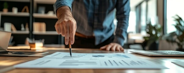 Business professional pointing at growth chart in office analyzing data for success