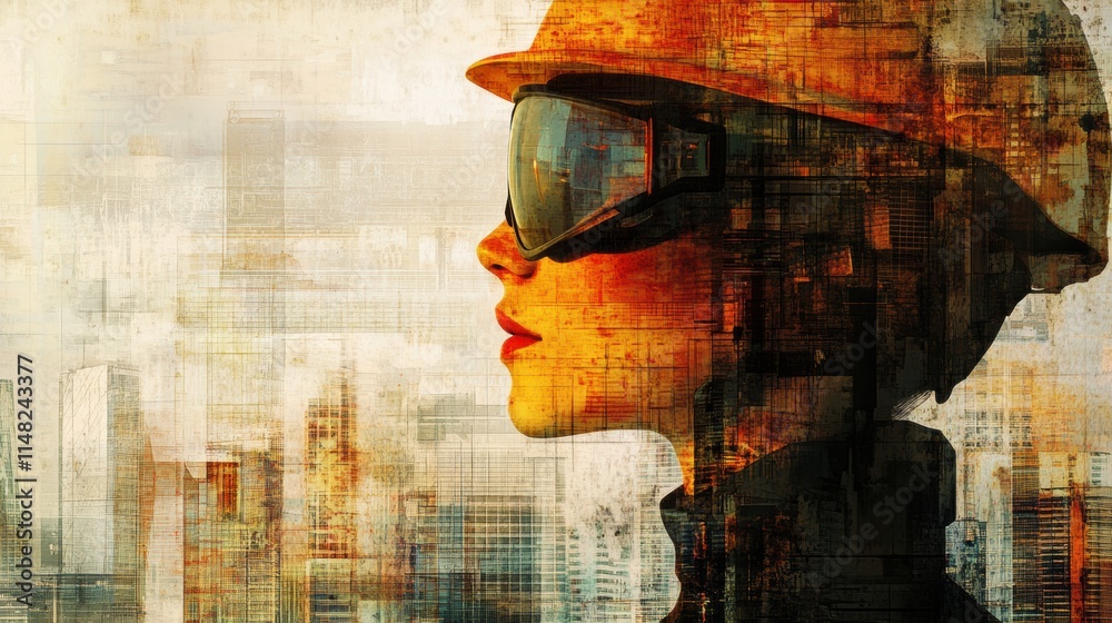 Leinwandbilder profile of a person wearing safety helmet and goggles in an abstract urban environment with ample co