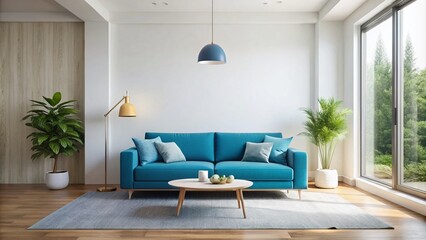 Modern Living Room Design: Blue Sofa, White Walls, AI Generated Image