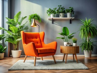 Modern Living Room Design: Orange Armchair, Grey Rug, Plants - Interior Design Inspiration