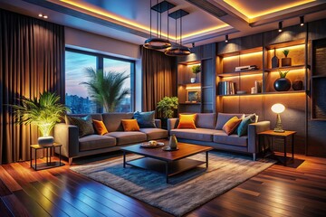 Naklejka premium Modern Living Room Low Light Photography - Interior Design, Cozy Apartment, Ambient Lighting, Dark Room, Minimalist Decor