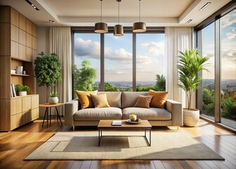 Fototapeta premium Modern Living Room Panoramic Sofa Mockup: Interior Design Inspiration & Stylish Home Decor