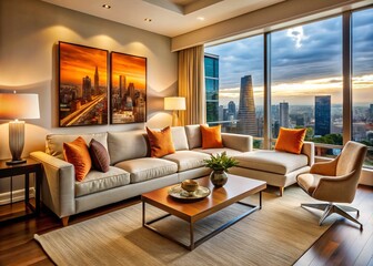 Fototapeta premium Modern Living Room Photography: Cream Sectional Sofa, Orange Armchair, City View