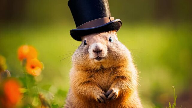 Cute marmot wearing a top hat on his head among the forest on a sunny day And sings songs. zoom in, zoom out, pan or make 360 photo, animate, pan right