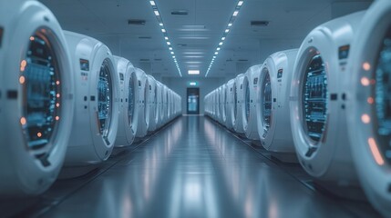 Futuristic server room with rows of data pods.