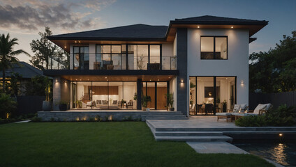 Fototapeta premium Modern Two-Story Residence with Exterior Lighting at Dusk