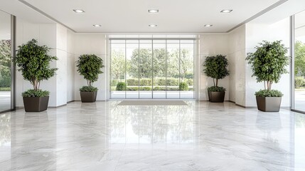 Fototapeta premium Modern building lobby with marble floor, large windows, and potted plants.
