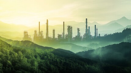 Industrial landscape at dawn remote mountain region photography serene environment wide angle nature meets industry