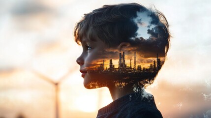 Child contemplating future urban landscape double exposure environmental awareness side profile growth and change
