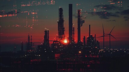 Fototapeta premium Industrial sunset oil and wind energy infrastructure urban area landscape photography evening sustainability concept