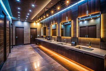 Modern Public Restroom Design, Low Light Interior Photography, Luxury Toilet, Minimalist Bathroom, Dark Lighting, Chic Lavatory