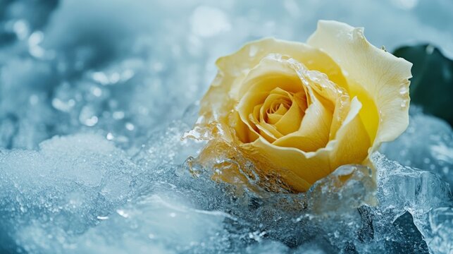 A beautiful yellow rose surrounded by sparkling water droplets and ice, radiating freshness and natural elegance. - Powered by Adobe
