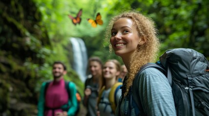 Fototapeta premium Joyful hikers enjoy nature with butterflies near a waterfall in lush green forest. Adventure awaits them in the great outdoors.