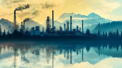 Obraz premium Industrial landscape reflection oil refinery mountain backdrop misty lake dusk environmental impact