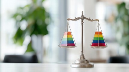 LGBTQ+ equality concept scales balanced with rainbow flags.