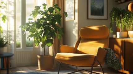 Fototapeta premium Cozy sunlit living space with a yellow chair and a vibrant green plant in a peaceful setting at home.