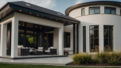 Obraz premium Exterior View of Modern Home with Patio and Landscaping