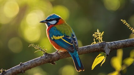 Naklejka premium Colorful Bird in Sunlight Perched on a Branch