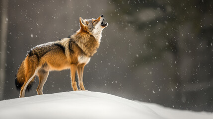 Obraz premium Majestic coyote howling in snow during winter snowfall
