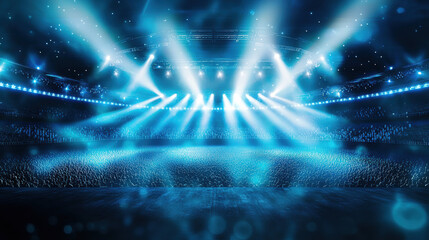 vibrant concert stage with bright blue lights illuminating large crowd, creating electrifying atmosphere