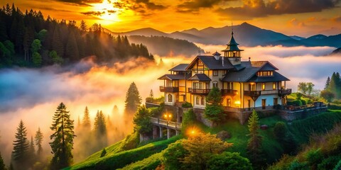 Fototapeta premium Montane Mansion Bokeh Photography: Misty Mountain Estate, Luxurious Home, Night View, Dramatic Lighting, Architectural Photography