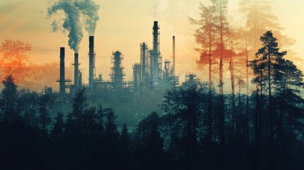 Obraz premium Industrial pollution impact on forests urban area digital artwork dusk environment aerial view environmental concerns