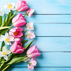 spring flowers on a
blue wooden background spring
background greeting card for valentines day