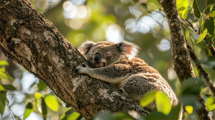 Fototapeta premium peaceful koala sleeping on tree branch surrounded by green leaves