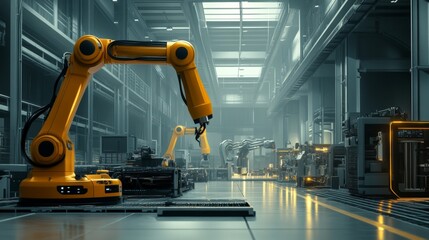 Automated robotic arm assembly in high-tech factory industrial environment machinery futuristic viewpoint innovation concept