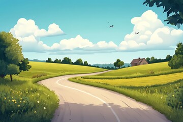 A serene countryside scene with a winding road, fields, trees, and a distant house.