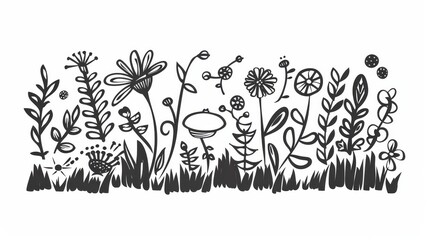 A black and white drawing of a flower garden. The flowers are drawn in a variety of styles and sizes