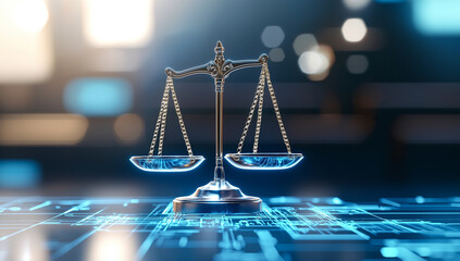 digital representation of balanced scale symbolizing justice and fairness, set against futuristic background with glowing elements. This conveys sense of modernity and legal integrity