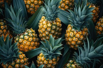 Ripe Pineapples Clustered Together Amidst Lush Green Leaves