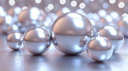 Gleaming silver spheres on reflective surface.