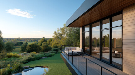 stunning modern house with large windows overlooking serene landscape, featuring spacious balcony and lush greenery. design emphasizes natural light and outdoor connection