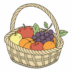 A wicker basket filled with fresh fruits on white background