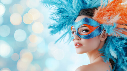 Obraz premium stunning woman wearing vibrant blue and orange feathered mask, showcasing her beauty against soft bokeh background. colorful feathers add festive touch to scene