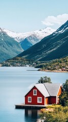 Red wooden house in mountain valley. Scenic rural landscape with snowy peaks. Cozy countryside home. Nature, travel, and adventure concept. Perfect for postcards, invitations, and wall art.